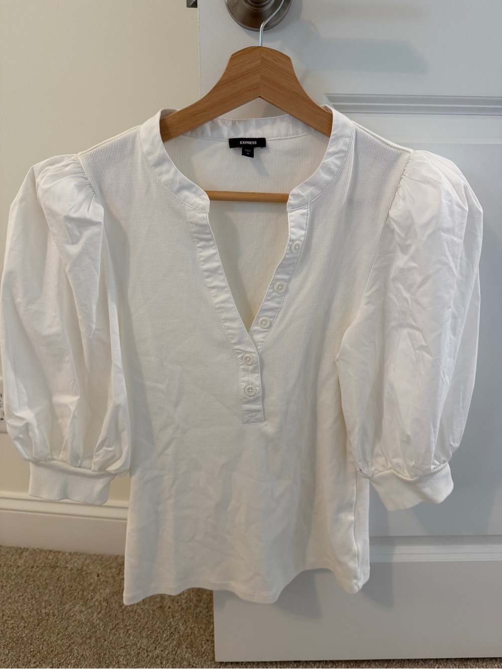 Express White Puff Sleeve Henley Blouse